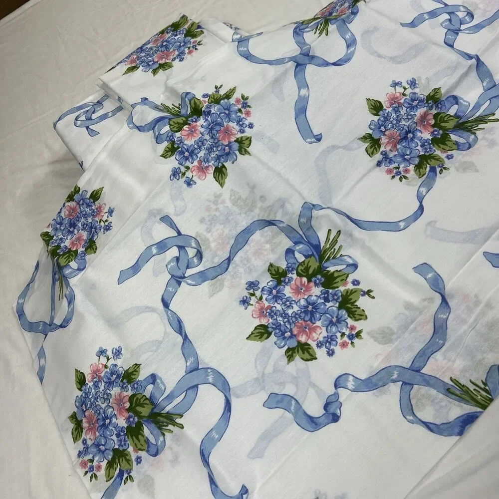 Dan River Double Sheet Set Potpourri Blue Ribbon Floral Pink Crisp Fitted Flat